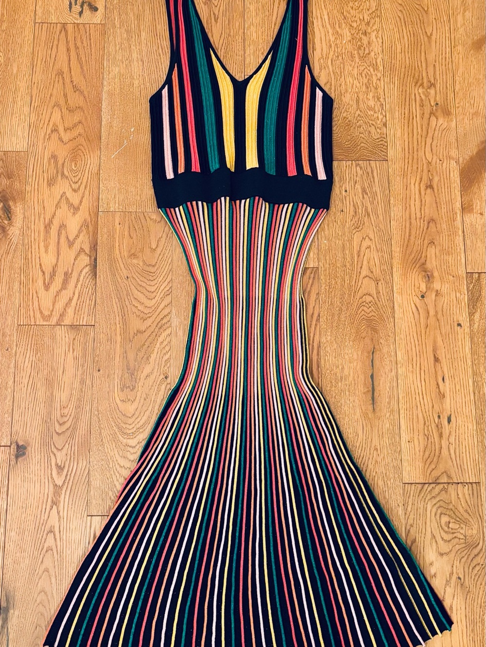 Uterque Sleeveless Multi-Color Striped Knit Dress - Black with Colorful Stripes